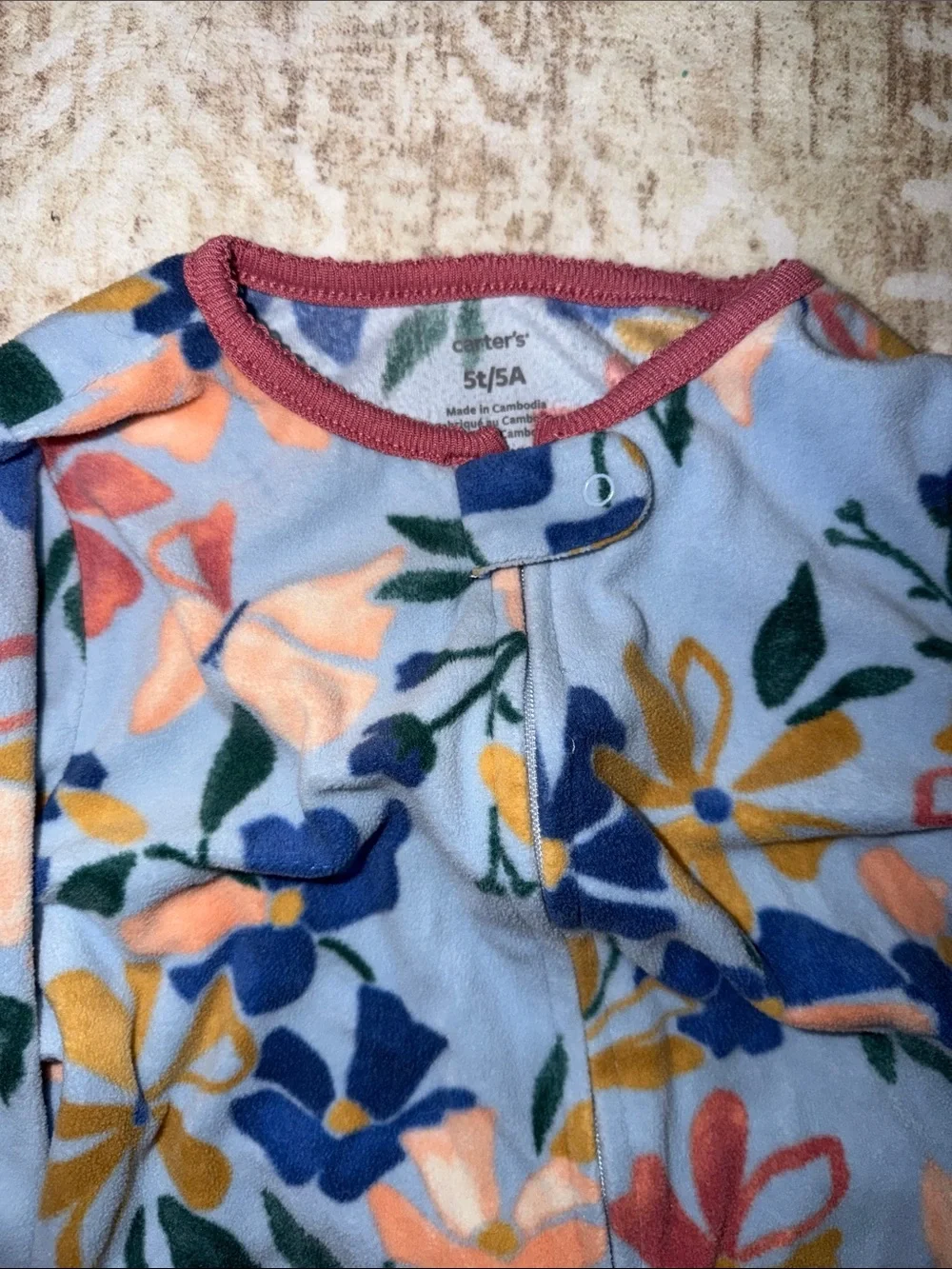 Carter's Blue Floral Footed Pajama Set with Pink Trim